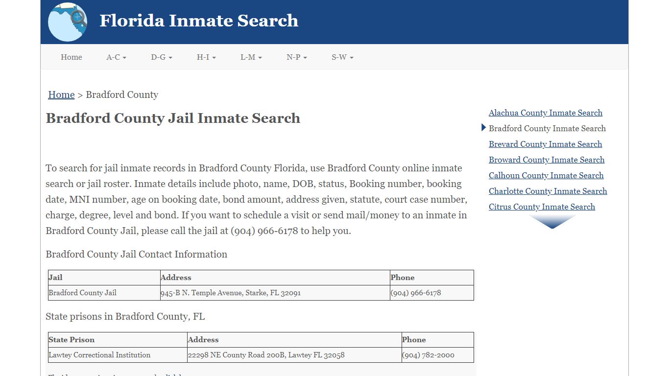 Bradford County FL Jail Inmate Search